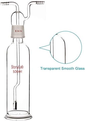 Garrafa de lavagem de gás Stonylab, vidro de borossilicato 34/34 Bolsa de lavagem de gás de bolhas de bolhas com disco de fase e mangueiras de entrada/saída de 8 mm OD, 500 ml