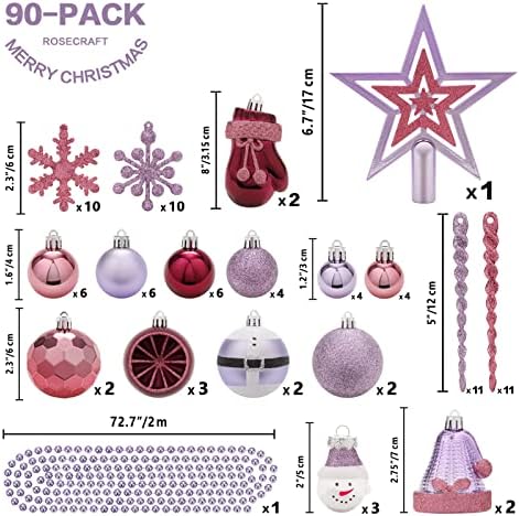 Sy Super Bang Christmas Ornings, 90pcs Srornamentos suspensos à prova de Natal para decorações de árvores de natal, para festas de férias internas Agradecemos decoração de Natal - Rose Purple.