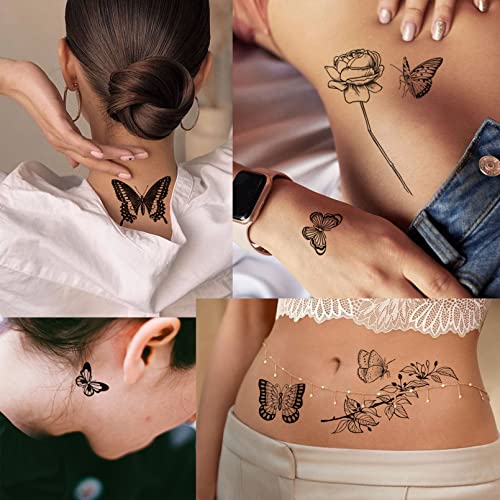 Coszeos 91pcs grandes tatuagens temporárias de borboleta preta para mulheres meninas, 6 filhetes Flor Flor Rosa Borboletas Asas