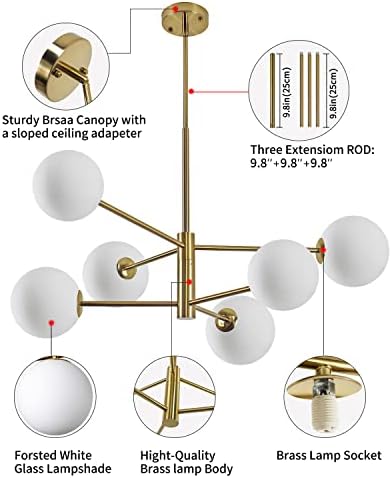 Puzhi Home Modern Gold lustre com lustre de globo branco Sputnik 6 Luzes 6 luzes, meados do século Pingente de vidro Light Island