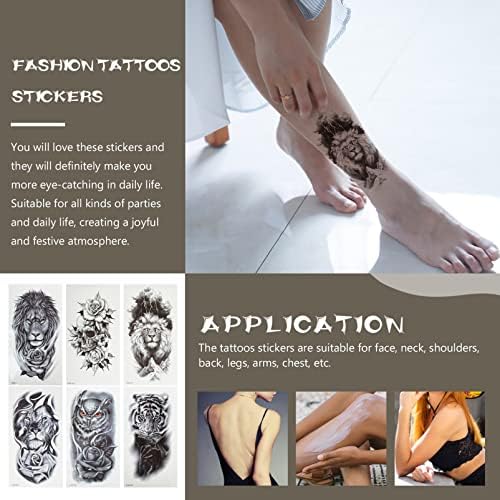 ABAODAM 6 folhas de tatuagens realistas adesivos de tigre de tigres temporários Tattoos de tatuagens de animais à prova d'água Decalques corujas, tatuagens de crânio para homens crianças mulheres tinta tatuagens falsas tatuagens