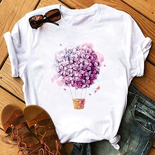 Women Hot Air Balão Graphic Tees Floral Print Shert Summer Tops de manga curta Tops Crepinho Blusa Casual Tshirts Casual