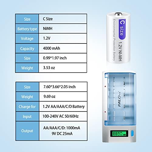 PaloGreen 6 Pack D Baterias recarregadas 1.2V 8000mAh NIMH com carregador de bateria LCD universal para AAA C D 9V NIMH NICD Bateria recarregável com função de descarga