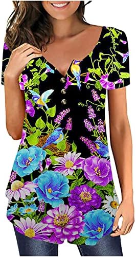 2023 túnicas florais da mulher, manga curta V camisetas de verão de verão de manga curta camisetas up shirts flowy gleats tee blusas