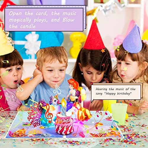 Cartão de aniversário musical com vela de luz colorida e soprável, 3D Pop Up Birthday Cards Unicorn With 'Happy' Song, Blow Out