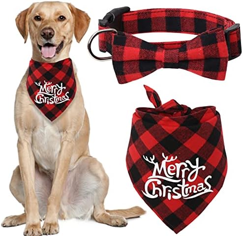 Christmas Dog Bandana e Collar Set Plaid com Bibs Triângulo de Triângulo de Licho de Tie Bow Triângulo Acessórios de Fantas Fantas