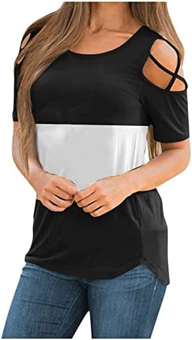 Manga curta camisetas de ombro frio para meninas barco pescoço colorblock impressão solta ajuste de calçadão de fechadura tshirts