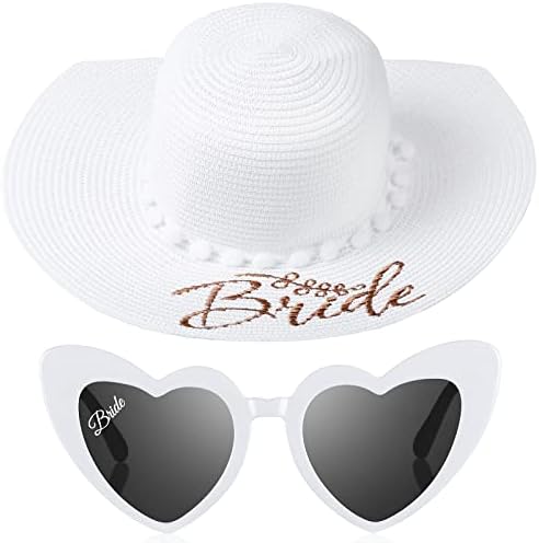 2 PCs Bride Sun Hat Hat Heart Sunglasses Set Set Getterette Presentes para Brided Wedding Bridal Chuveiro de lua de mel decoração Favores