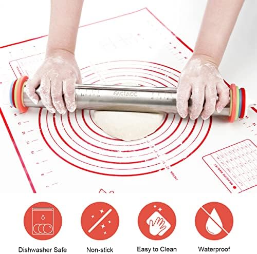 Faciacc Rolling Pin com anéis de espessura Ajuste ajustável aço inoxidável de 17,3 polegadas de Natal pinos com tapete de silicone