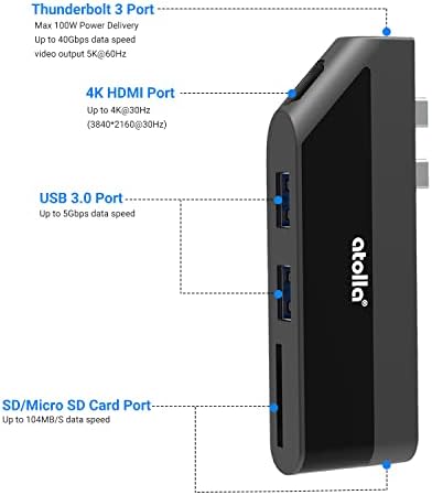 ATOLLA USB C HUB, Adaptador USB C 6-2 para MacBook Pro/Air 2020/2019/2018, DONGLE USB C COM 4K HDMI, THUPHOULT 3 100W Power Delivery Port, 2 portas USB 3.0, SD/TF Reader Reader