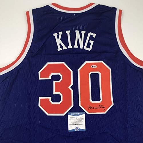 Autografado/assinado Bernard King New York Blue Basketball Jersey Beckett Bas Coa