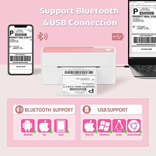 Phomemo Bluetooth Térmica Label Impressora e rosa rosa 4x6 Rótulos térmicos diretos