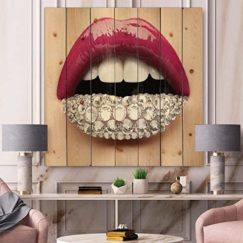 Designq Lábios da mulher com batom rosa Diamantes brancos modernos e contemporâneos decoração de parede de madeira, arte de
