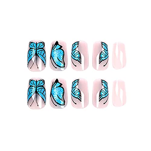 Hkanlre rosa médio prenda unhas unhas de borboleta unhas falsas de acrílico quadrado pregos falsos para mulheres e meninas 24pcs