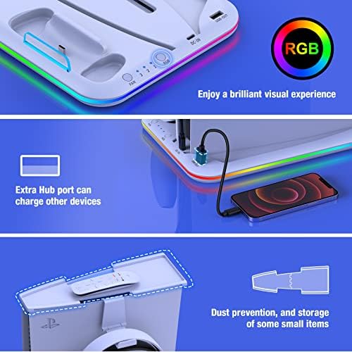 KAWAWEE PS5 STAND REFRIGING FAB para PlayStation 5, PS5 Stand Stand RESIDER com RGB Light & Dual Controller Charge Station, PS5
