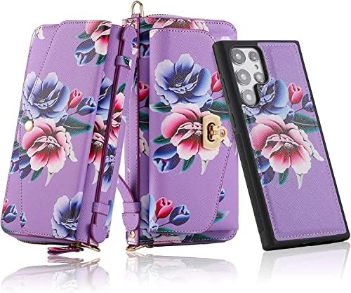 Koeok Samsung Galaxy S22 Caixa de carteira Ultra 5G com pulseira de pulso, cinta crossbody, 2 em 1 de couro separável carteira de couro