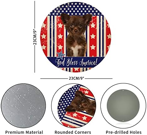 Funnidade Round Dog Metal Metal Sign Patriótico EUA Bandeira Deus abençoe América Ausas da coroa de animais de estimação