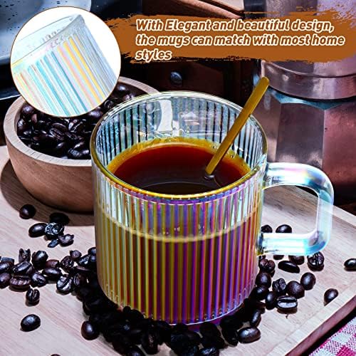 6 sets caneca de café iridescente de vidro com tampas e colher 12 oz listras verticais copo de chá de vidro de vidro vintage