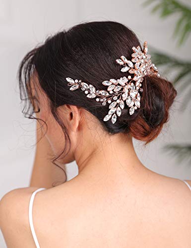 Denifery Rose Gold Bridal Hair Comb Rhinestones Hair Hair Pear Pearl Capacete de panela de penteado Rosa Acessórios de cabelo de ouro rosa para mulheres e meninas