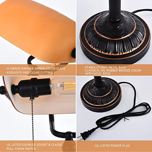 Rizzyluz Rustic Pull Chain Desk Lamp, lâmpada tradicional de banqueiros com porta USB, lâmpada de mesa da fazenda vintage para