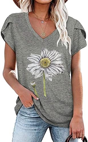 Tops femininos Tops gráficos de flores de girassol Tshirt Manga curta Vneck Spandex Casual Outono Tops de verão 2023 DJ