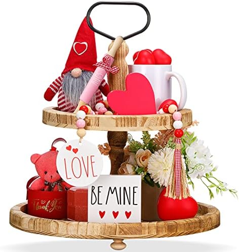 Decoração de bandeja em camadas do dia dos namorados, Valentine Rustic Love Shape Mini Wood Sign Plaid Day Day Wood Bead Garland com Tassel Mini Rolling Pin With Bow Wedding Ornament Set de 4