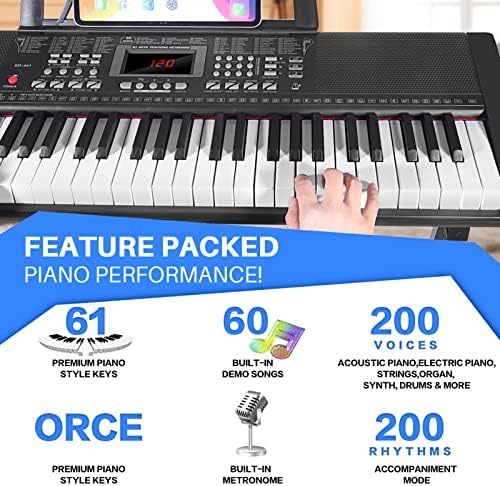 CAMIDE 61 Piano de teclado para iniciantes com alto -falantes, suporte de piano digital, bancada, fones de ouvido, microfone, lençol de adesivo e músicas de demonstração