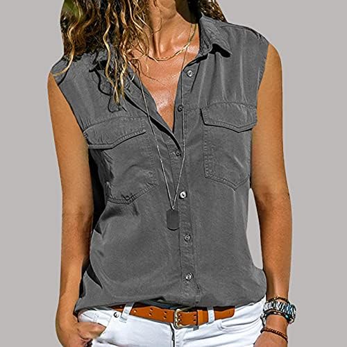 Lcepcy sem mangas de botão camisetas para mulheres trabalhos casuais blusas sólidas soltas vos de pescoço com bolsos