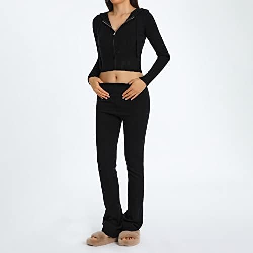 Baynoyia Women 2 peças roupas tricotadas roupas de manga comprida zip com capuz superior da cintura alta calça longa de