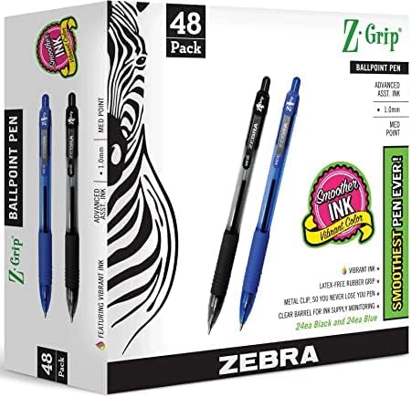 Pacote de caneta zebra de 48 canetas de tinta Z GRIP Z BALLPO RETÁVEL CABELA PONTO médio 1,0 mm 24 canetas pretas e 24 canetas azuis