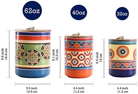 Bico Tunisian Ceramic Kanister Conjunto de 3 para balcão de cozinha, 62 onças, 40 onças, 32 onças cada, com tampa de madeira