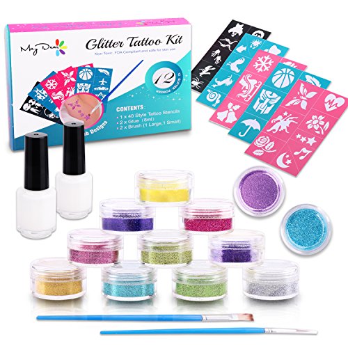 Maydear Glitter Tattoo Kit com 12 grandes brilhos e 40 estênceis para tatuagens temporárias crianças tatuagens temporárias crianças