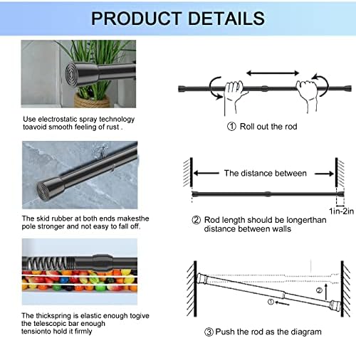 2 hastes de tensão de embalagem haste de cortina de tensão de mola, 26 a 39 polegadas de tensão preta ajustável, pequenas hastes de