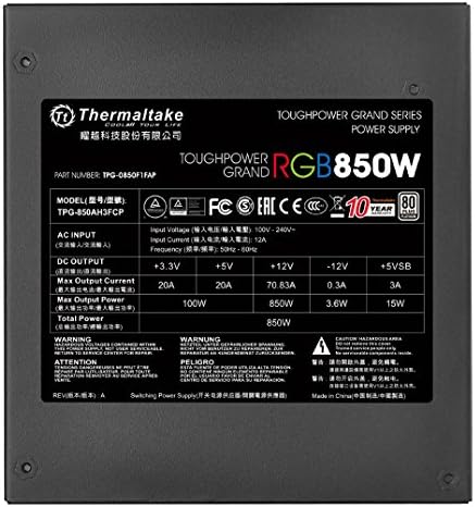 Thermaltake ToughPower Grand RGB 850W 80+ Platinum Smart Zero RGB Fan, Sli/Crossfire Pronto Power contínuo, ATX modular completo