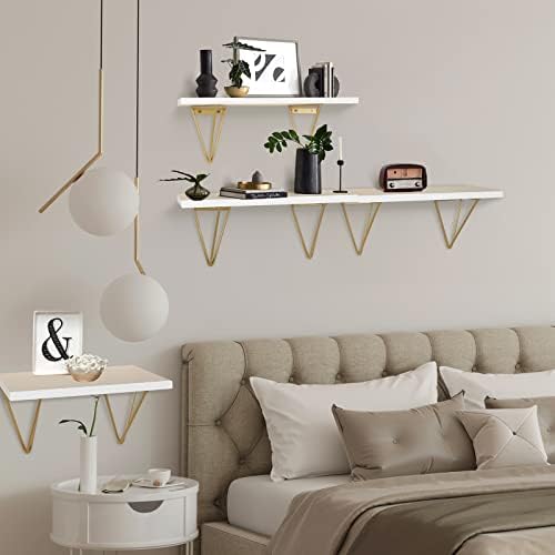 FixWal 4 Set prateleiras flutuantes brancas prateleiras de parede, prateleiras para decoração de parede, prateleiras de parede branca com suportes de metal dourado para quarto, sala de estar, banheiro, cozinha, decoração de escritório