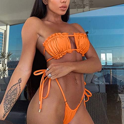 Vowua Women Bandeau Bikini Swimsuits Lace Up Bikini Set