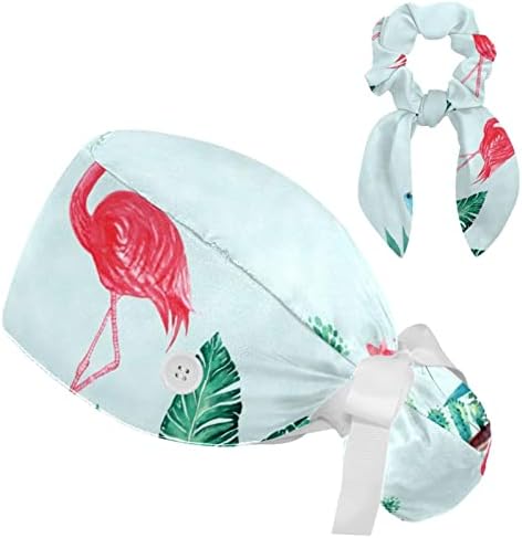 Enfermeiro limpar cabelos longos, pássaros de pavão tampa de trabalho ajustável com botões e scrunchie de cabelo arco