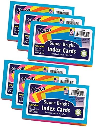 Cartões de índice Pacon®, 5 cores super brilhantes, desenroladas, 3 x 5, 100 cartões por pacote, 6 pacotes