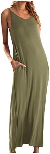 Mulheres Midi Long Tunic Dress Summer Sleesess Sling vestidos de tanque de cores sólidas com bolso casual lobons soltos