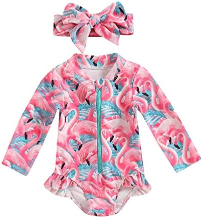 Roupa de verão para menina infantil Roupa de verão Flamingo/Flor Prinha de manga longa Macacão de roupas de banho com fita