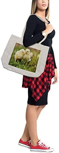 Bolsa de compras de garotas de Ambesonne, foto de pequenas galinhas em trevos com ovos de Páscoa de Banco de Cenário, bolsa reutilizável