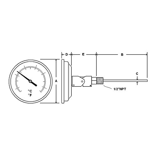 PIC Bitle B5A6 -EE 5 ”Tamanho do mostrador, 0/150 ° F e -18/66 ° C, comprimento do caule de 6, conexão de ângulo ajustável, estojo