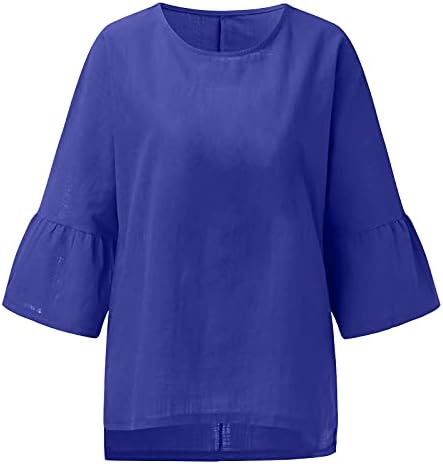 Camisas de linho de algodão para mulheres 3/4 de manga casual blusas lateral dividir camiseta de ajuste solto para mulheres