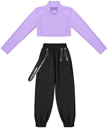 AGOKY JOVENS MENINAS 2PCS DANCE RECESSAS DA DANÇA LONGO HIP HIP CROP TAMP COM PALTAS DE CARGA SORTE SORTHSURSH TROUSTERS