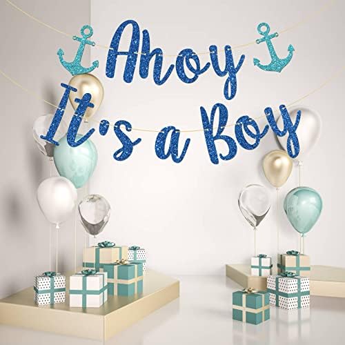Talorine Ahoy é um banner de menino, decoração de festa com tema de marinheiro, revelação de gênero no chá de bebê, decorações
