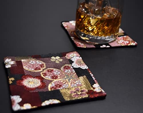 Coasters de Shinsendo Kimono Japanese Tradicional Fabrics Kinran Conjunto de 2 (Nome do padrão: Flores de cerejeira rosa)