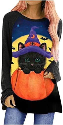 Mulheres Halloween Camise Casual Top Top Trendy Loose Fit Pumpkin Túnica longa camiseta de gato fofo Blusa de treino