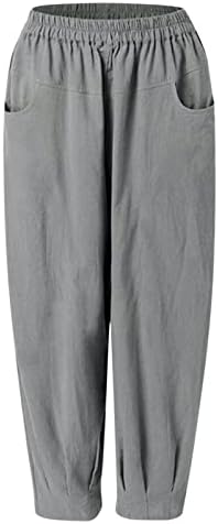 Calças de linho de algodão feminino de verão, cintura elástica de perna larga e larga harema yoga capris calças cortadas na moda com