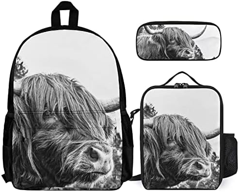 Damtma Wild Scottish Highland Cow Backpack de 3 peças Conjunto de livros e lagop mochila de laptop de animais com bolso de zíper dianteiro, bolsos laterais de malha e caixa de lanchonete para mulheres