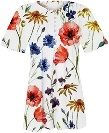 PLUS TAMANHO BOHO Tops de estampa floral para mulheres 2023 Verão, Henley Tunic Tops Button Shirts Slave curta Blushs casuais